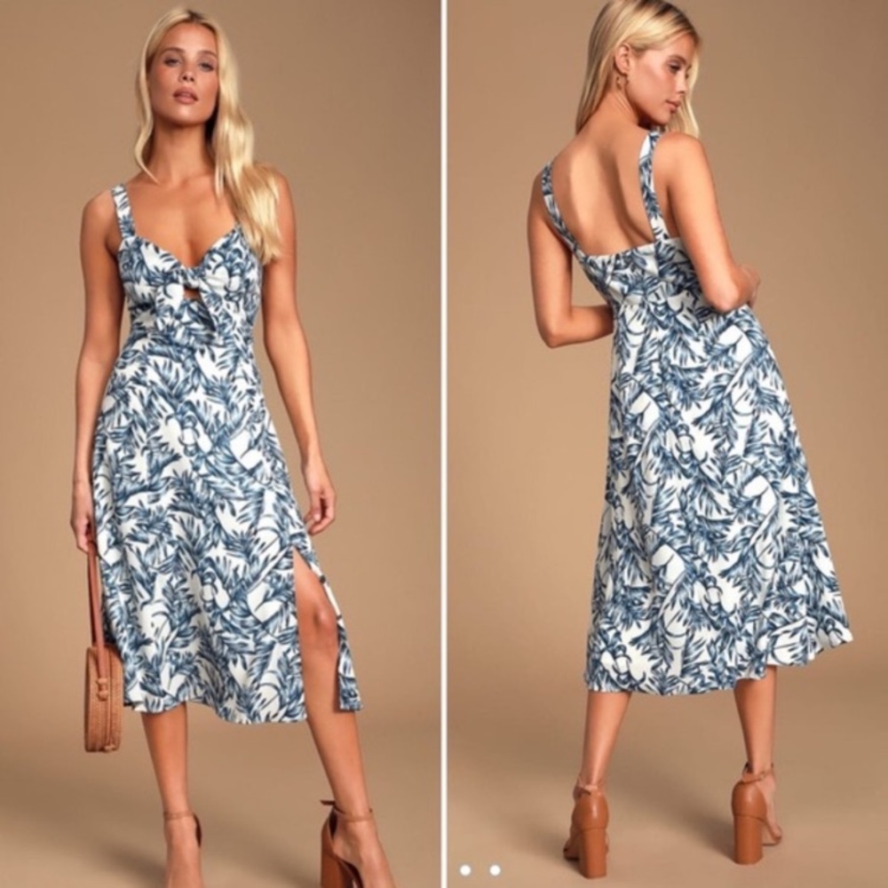 NWT La Paz blue & white leaf print tie-front midi
